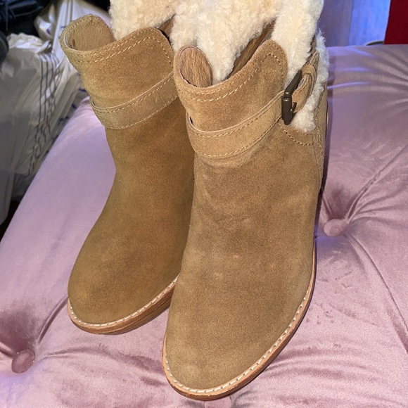 UGG Australia Brown Chestnut Suede Shearling Fur Anais Wedge Bootie - Picture 6 of 11